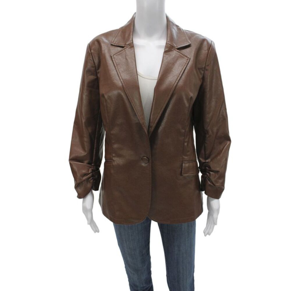 six/fifty Womens Classic Brown Collared Button Blazer Long Sleeve Size L
